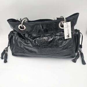 Tasche Black Crinkle Patent Leather Double Braided Handle Tassle Trim XLarge Bag
